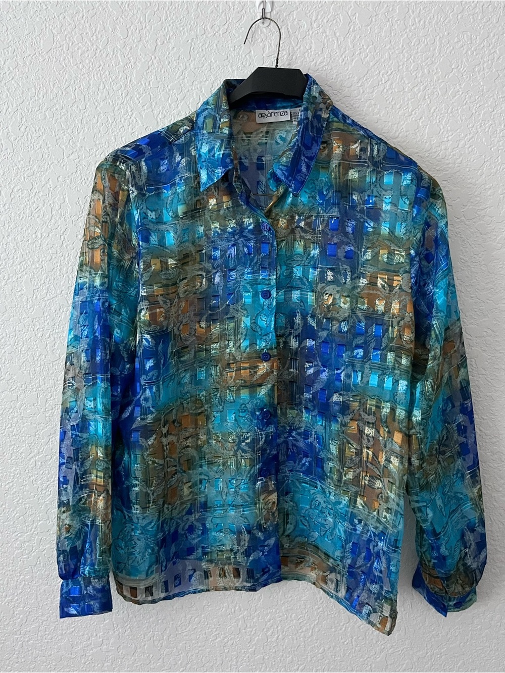 Apparenza Blue, Turquoise and Tan Abstract Button-Front Blouse